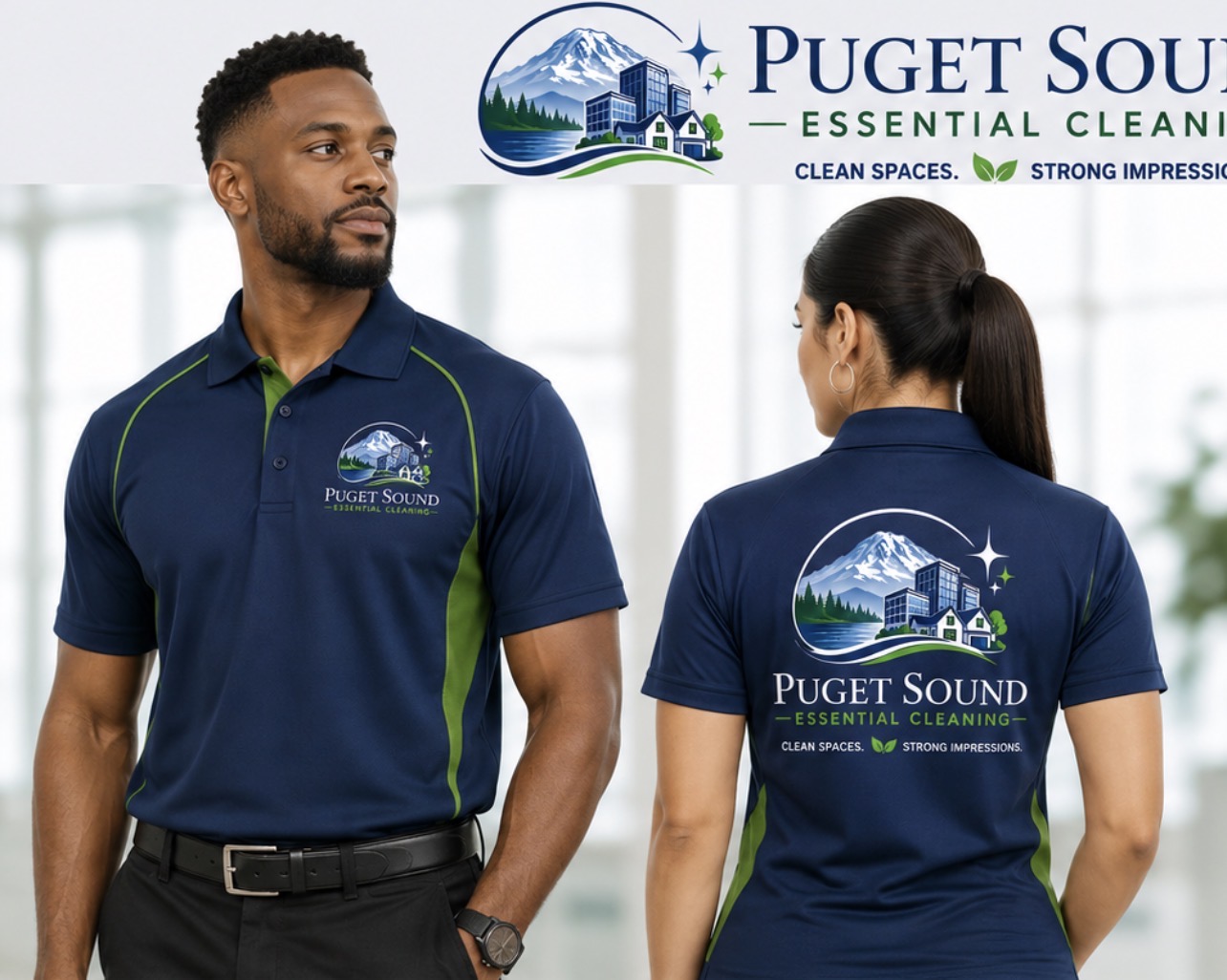 Two Puget Sound Essential Cleaning team members wearing company uniforms